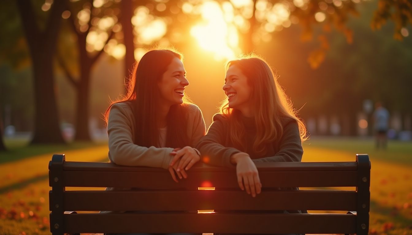 Two friends laughing together on a park bench at golden hour β friendship and belonging guide